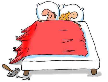 Cartoon Couple in bed. Man has nailed the blankets down his side