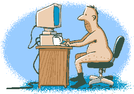 Animated cartoon of man computing in the nude