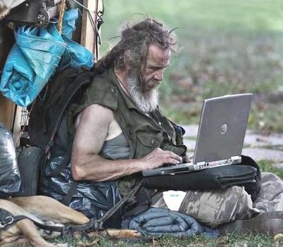 Tramp using a laptop